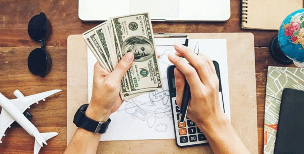 Traveler using a bank card for payments abroad.